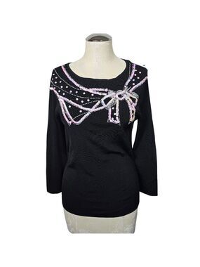 Lucia Burns Sequins Beaded White Pink Black Long Sleeves Vintage Top M